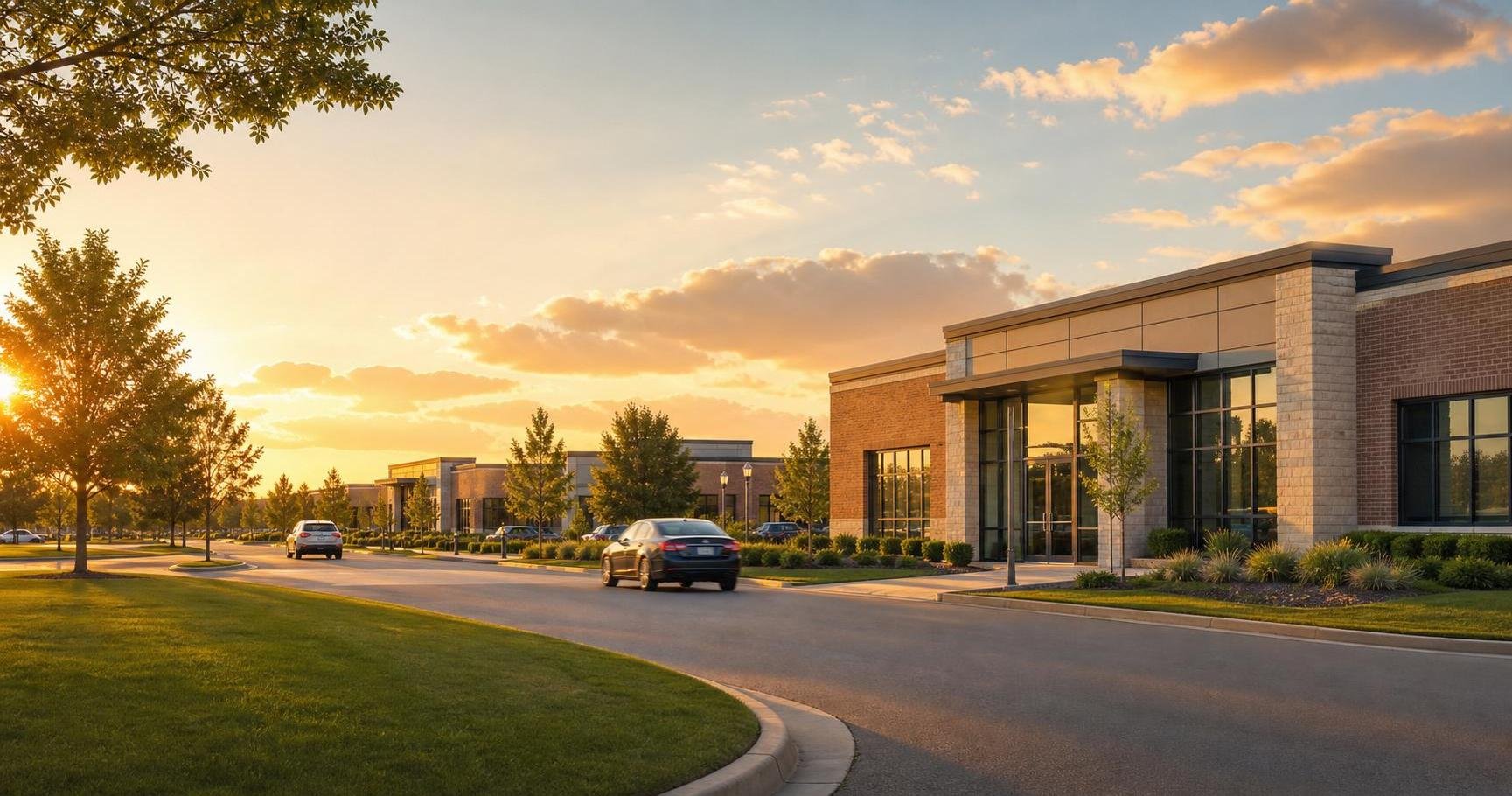 Suburban office park at sunset with modern low-rise buildings, a curved road, and a few cars.